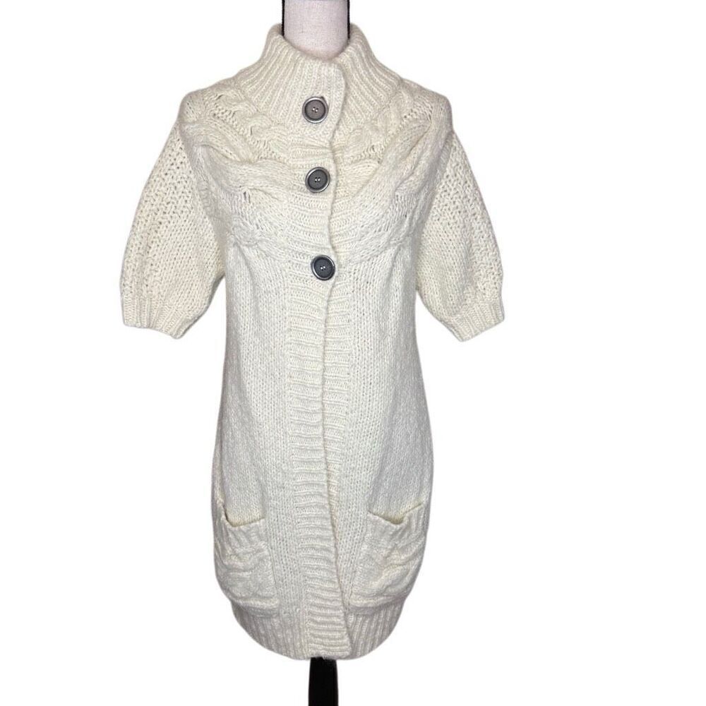Free People Ivory Chunky Cable Knit Short Sleeve Long Sweater Size S Boho